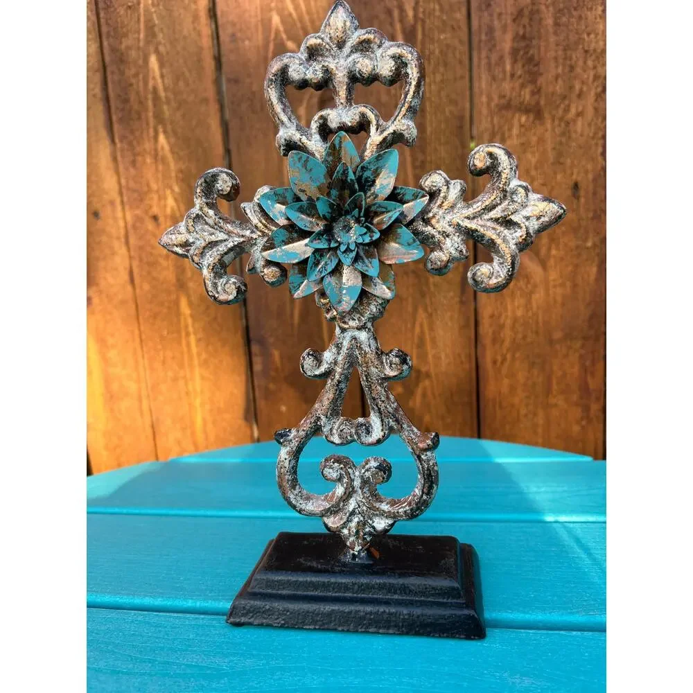 Rustic Cast Iron Standing Cross Turquoise Fleur De Lis Western Home Decor